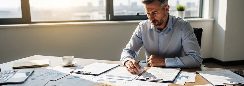 Business owner reviewing loan denial documents at office desk