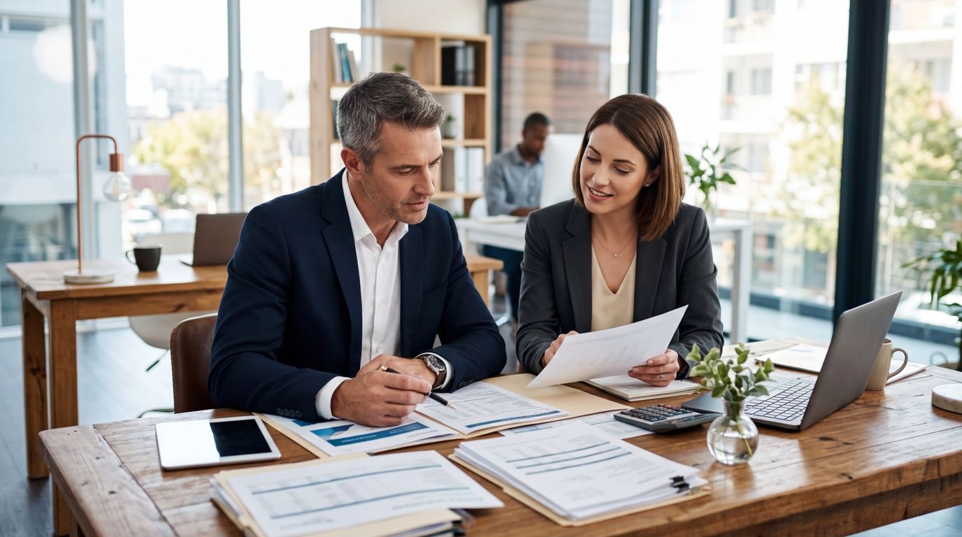 Business professionals reviewing financial documents for a business loan application