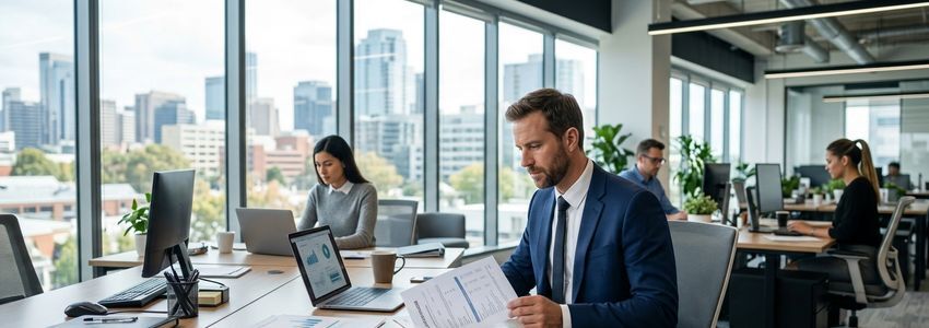 Business owner reviewing payroll documents in a modern office with employees in background