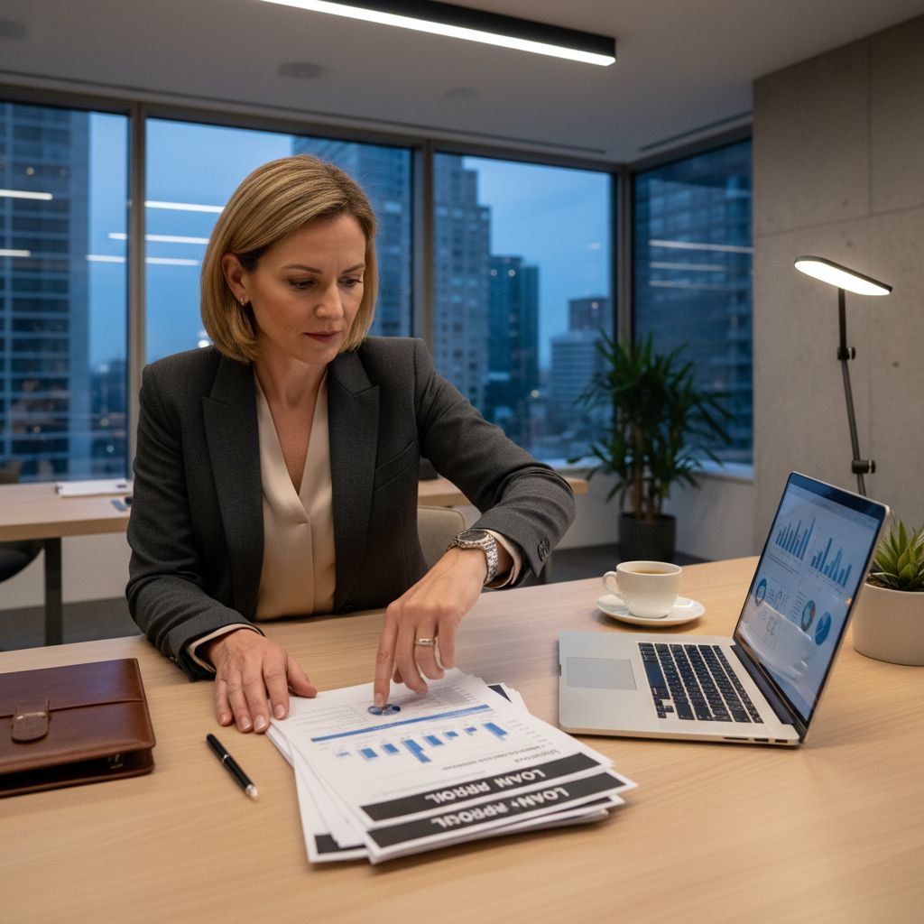 Business owner reviewing loan approval documents while checking time