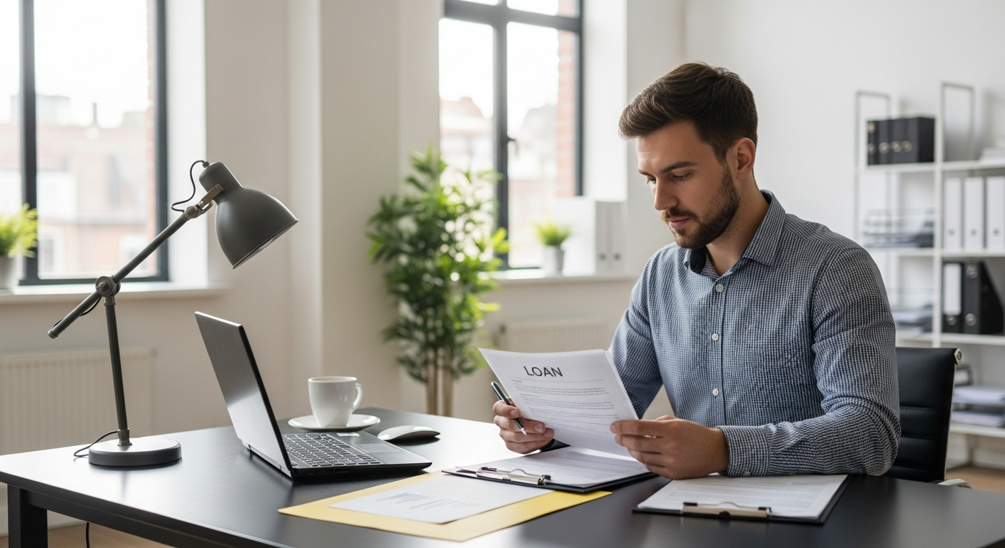 Business owner reviewing loan application documents at a professional office desk