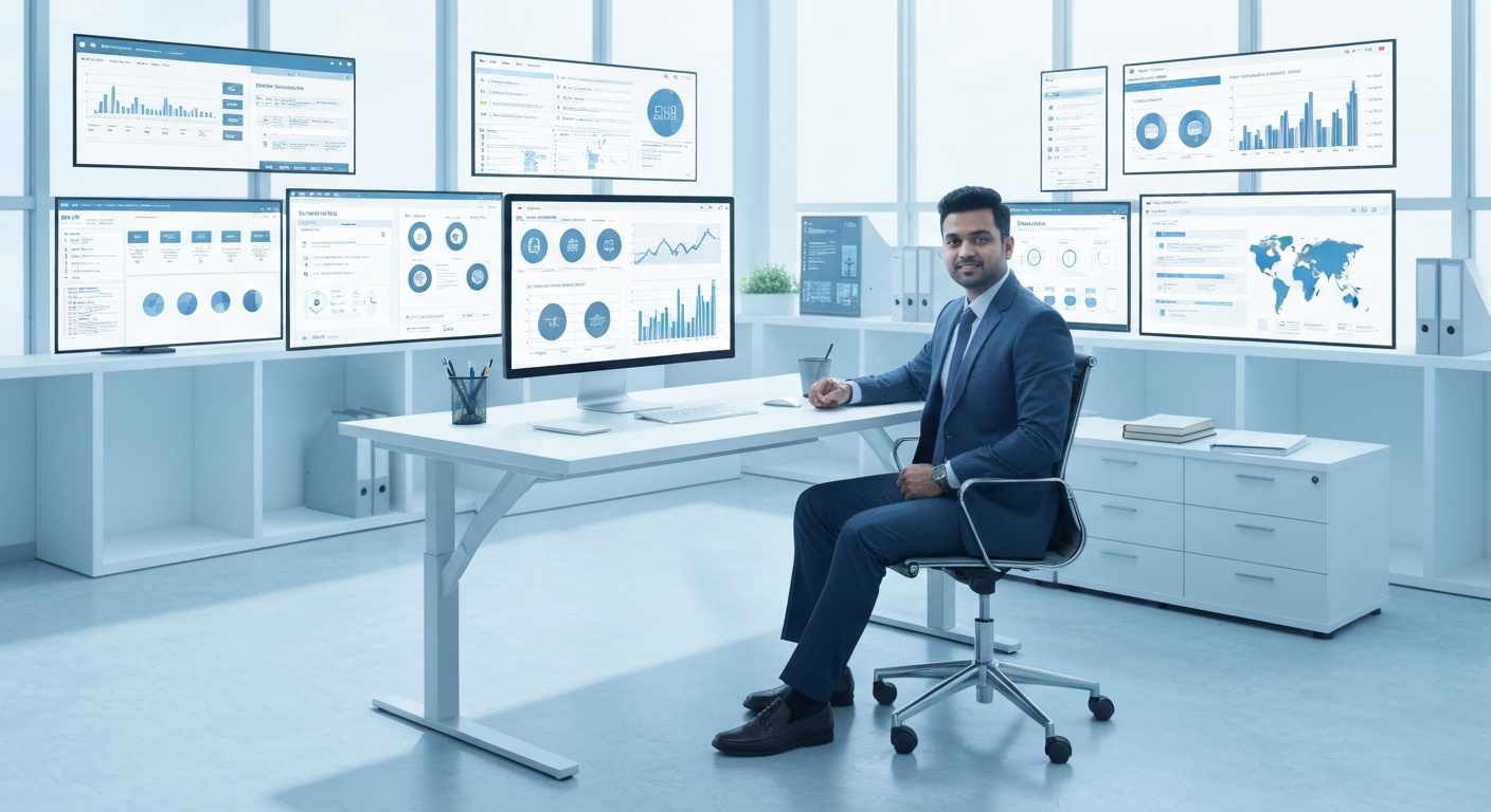 Small business owner using digital technology tools at a modern office desk
