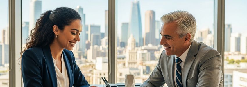 Immigrant business owner reviewing loan documents with a financial advisor