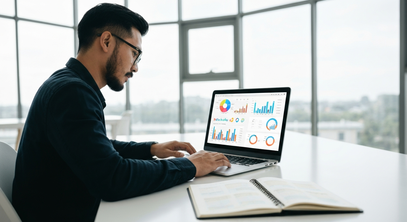 Small business owner reviewing marketing strategy with analytics on laptop at office desk
