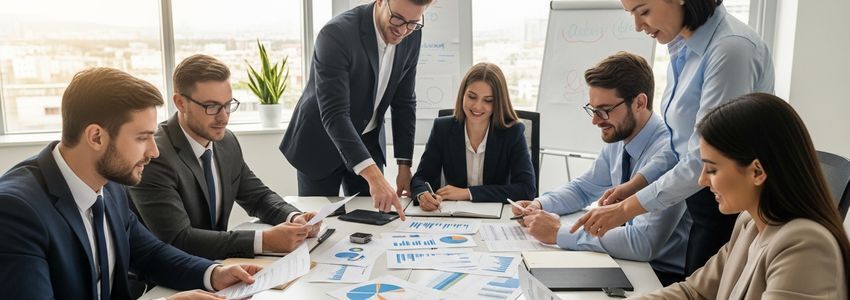 Business professionals reviewing tradeline reports and credit documents in a modern office