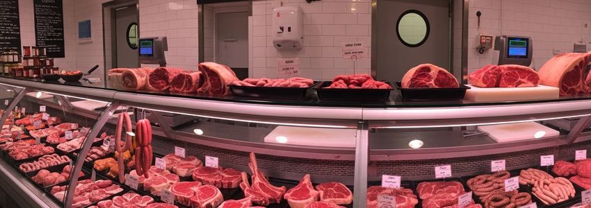 Butcher shop display case with fresh meat cuts - butcher shop business loans