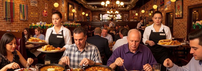 Cajun restaurant interior with brick walls and Mardi Gras decor