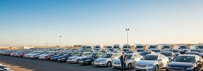Car rental fleet vehicles lined up on a professional lot with a business owner reviewing their inventory