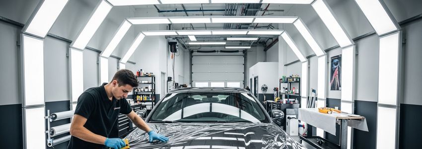 Car wrap technician applying vinyl graphics wrap to vehicle in professional auto shop
