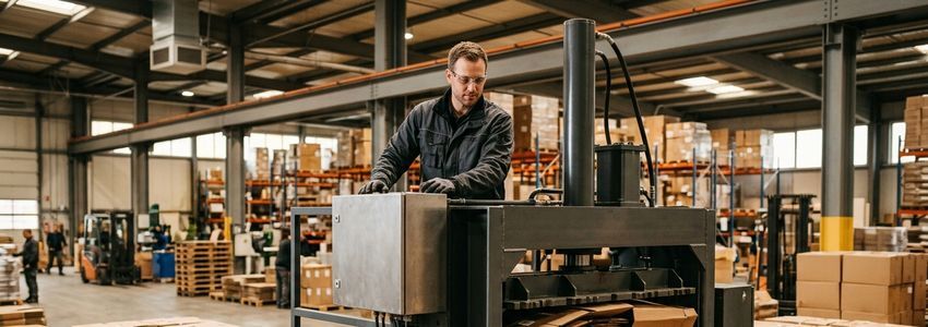 Warehouse worker operating an industrial cardboard baler machine compressing flattened boxes in a commercial distribution center