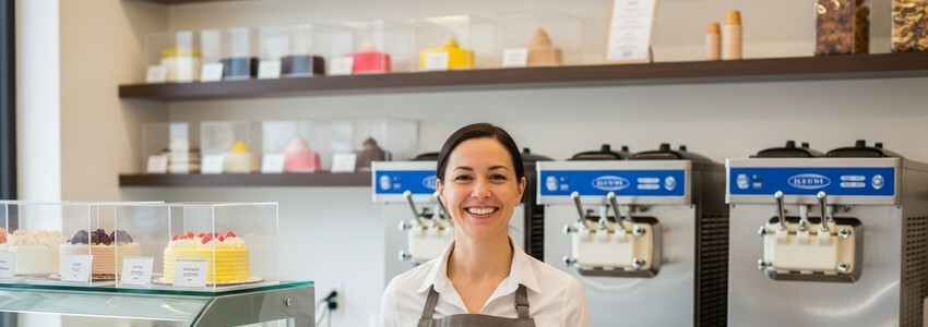 Ice cream shop owner standing at counter of dessert franchise