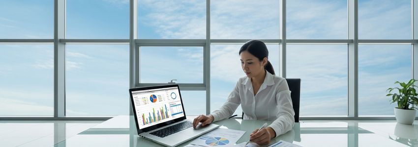 Small business owner reviewing cash flow financing options at a desk with financial charts