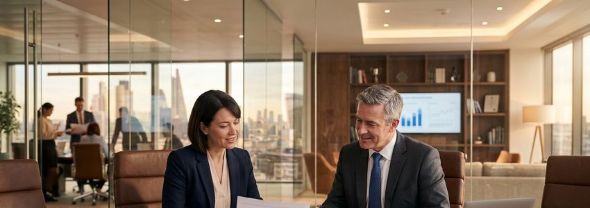 Business owner and financial advisor reviewing cash flow loan documents