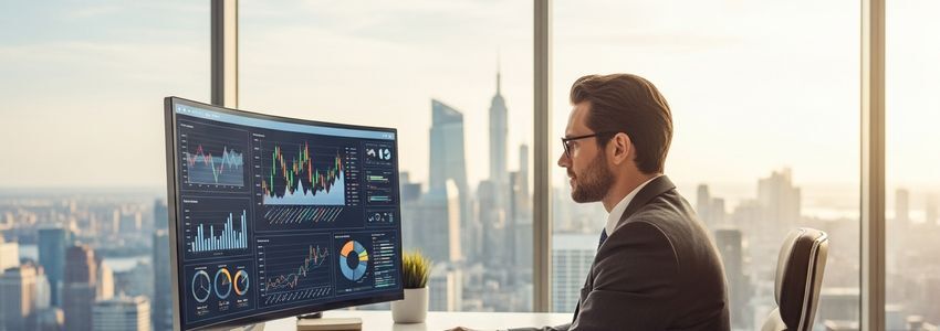 Business professional reviewing financial charts and cash flow reports on computer monitor