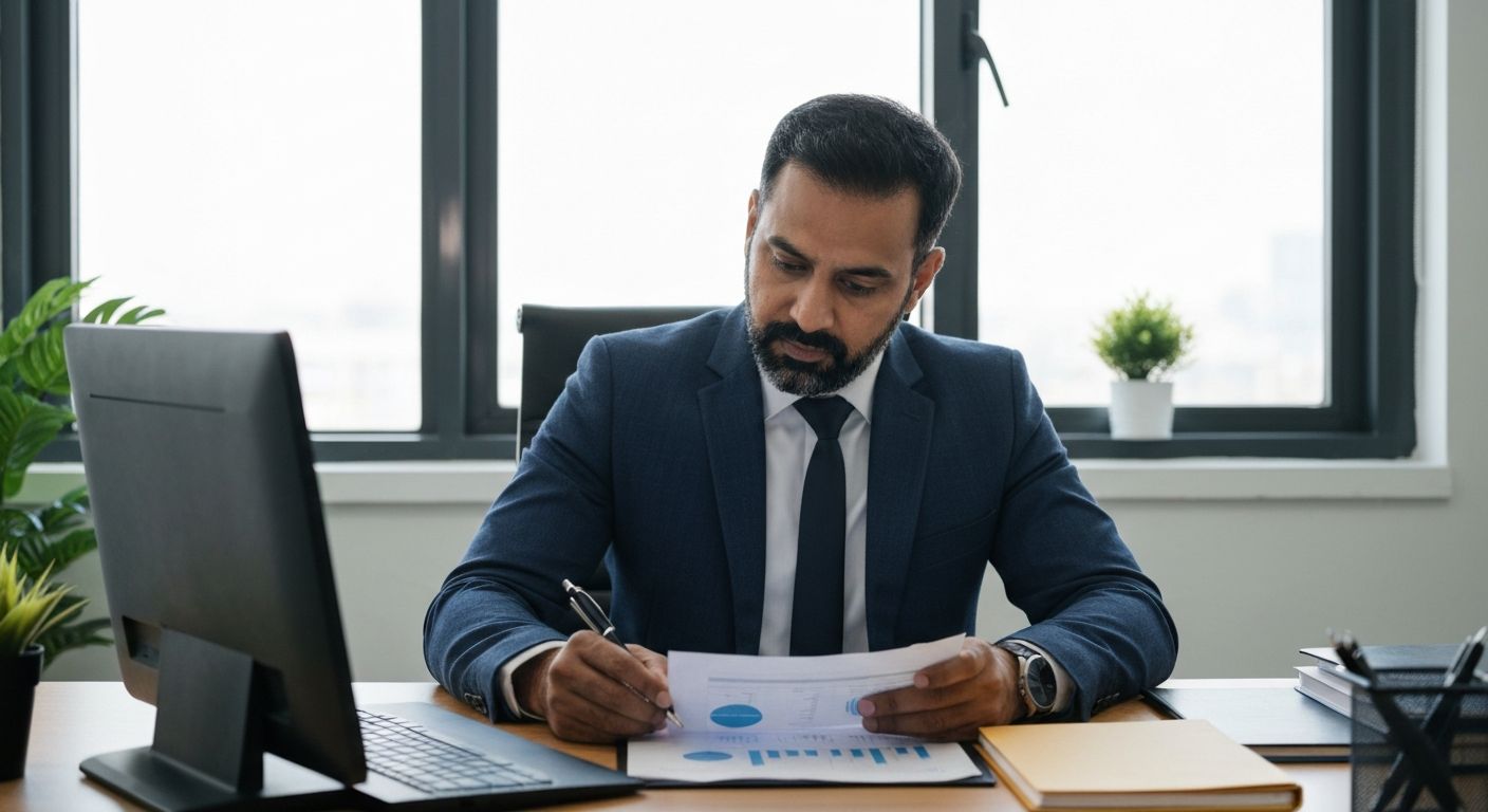 Small business owner reviewing cash flow vs profit financial reports at office desk