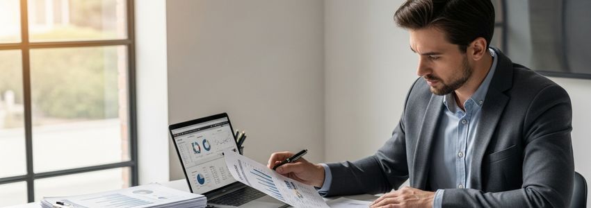 Small business owner reviewing financial documents and cash flow reports