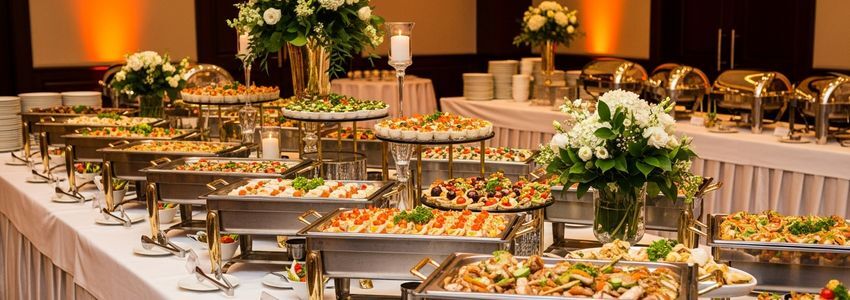 Professional catering buffet setup with silver chafing dishes and elegant food displays at an event