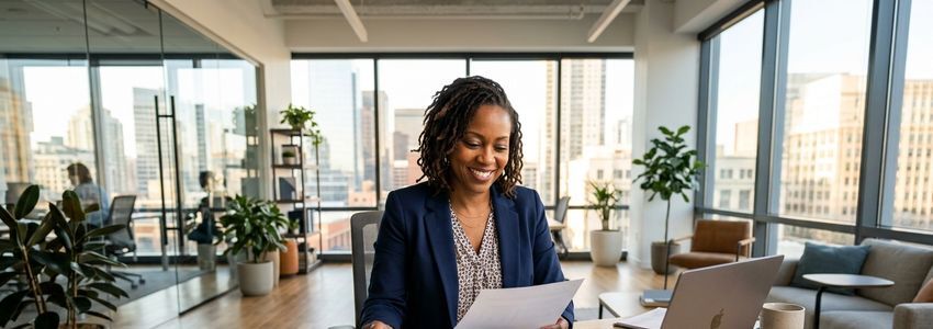 Small business owner reviewing CDFI loan documents in a modern office setting