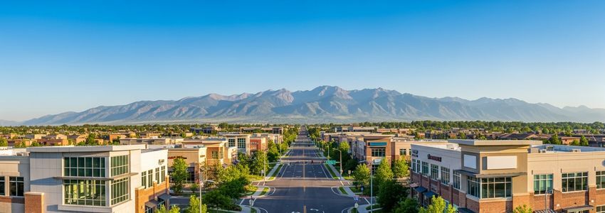 Centennial, Colorado commercial district with Rocky Mountain backdrop - small business loans