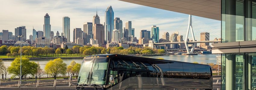 Charter bus parked at transportation terminal with city skyline in background