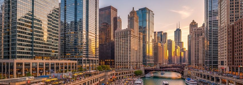 Chicago skyline along the river representing the vibrant small business landscape in Chicago, Illinois