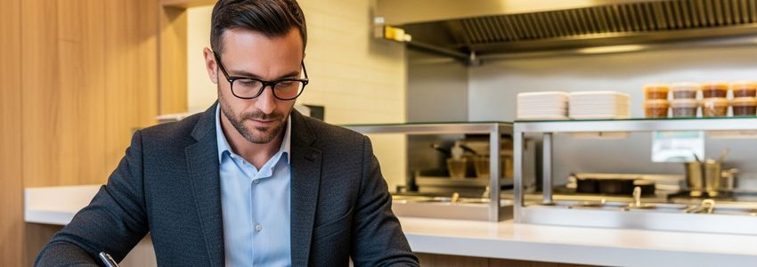 Chicken franchise owner reviewing business financing documents at restaurant