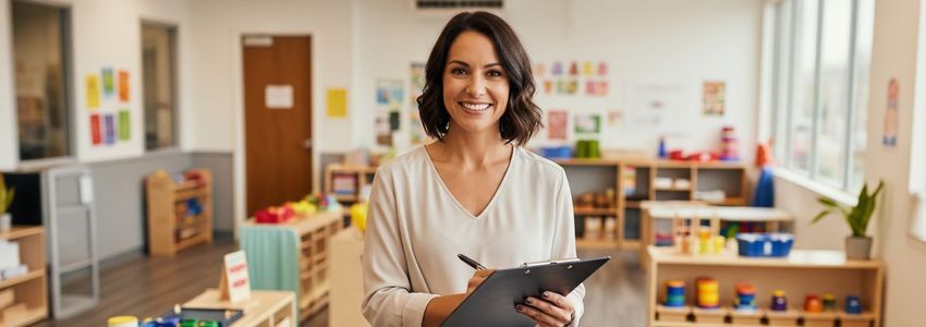 Professional childcare franchise owner reviewing documents in a modern daycare center