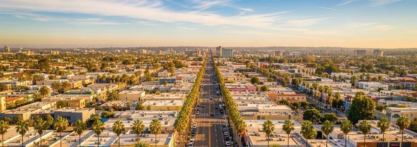 Aerial view of Chula Vista California commercial district with palm trees and warm California sunshine