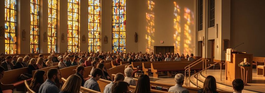 Church congregation inside a beautiful sanctuary with stained glass windows and warm lighting