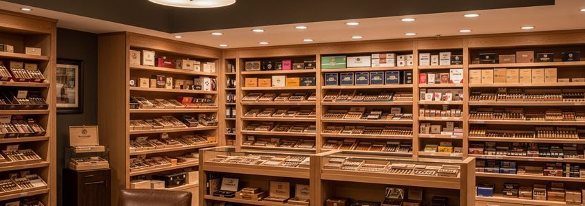 Luxury cigar shop interior with walk-in humidor and leather lounge seating