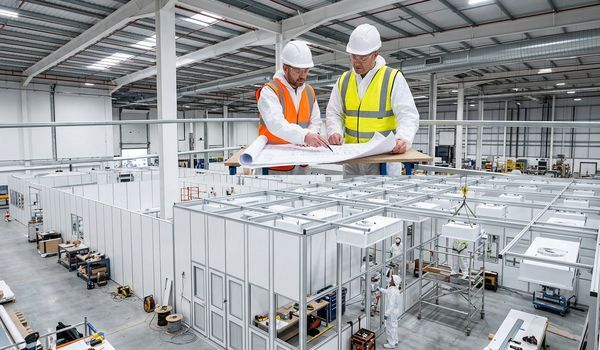Construction professionals in hard hats and safety vests reviewing blueprints during modular cleanroom installation inside a commercial facility