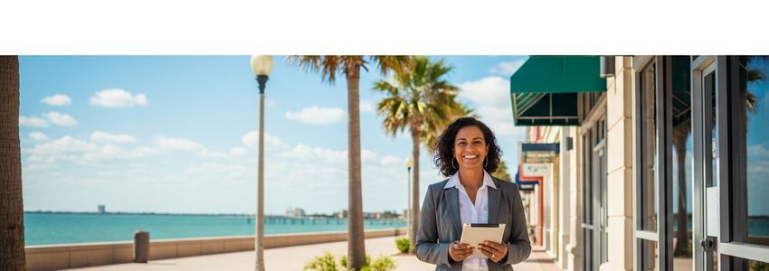 Small business owner standing in front of her Clearwater, Florida storefront with waterfront in background