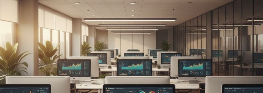 Modern business office with cloud-based accounting software displayed on multiple monitors showing financial dashboards