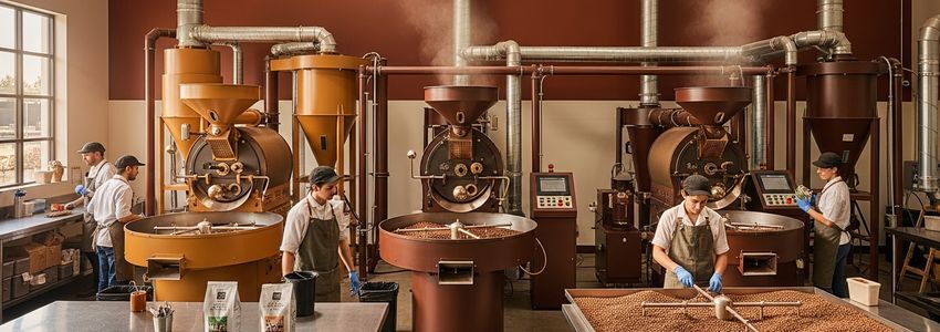 Coffee roastery production floor with commercial drum roasters and equipment
