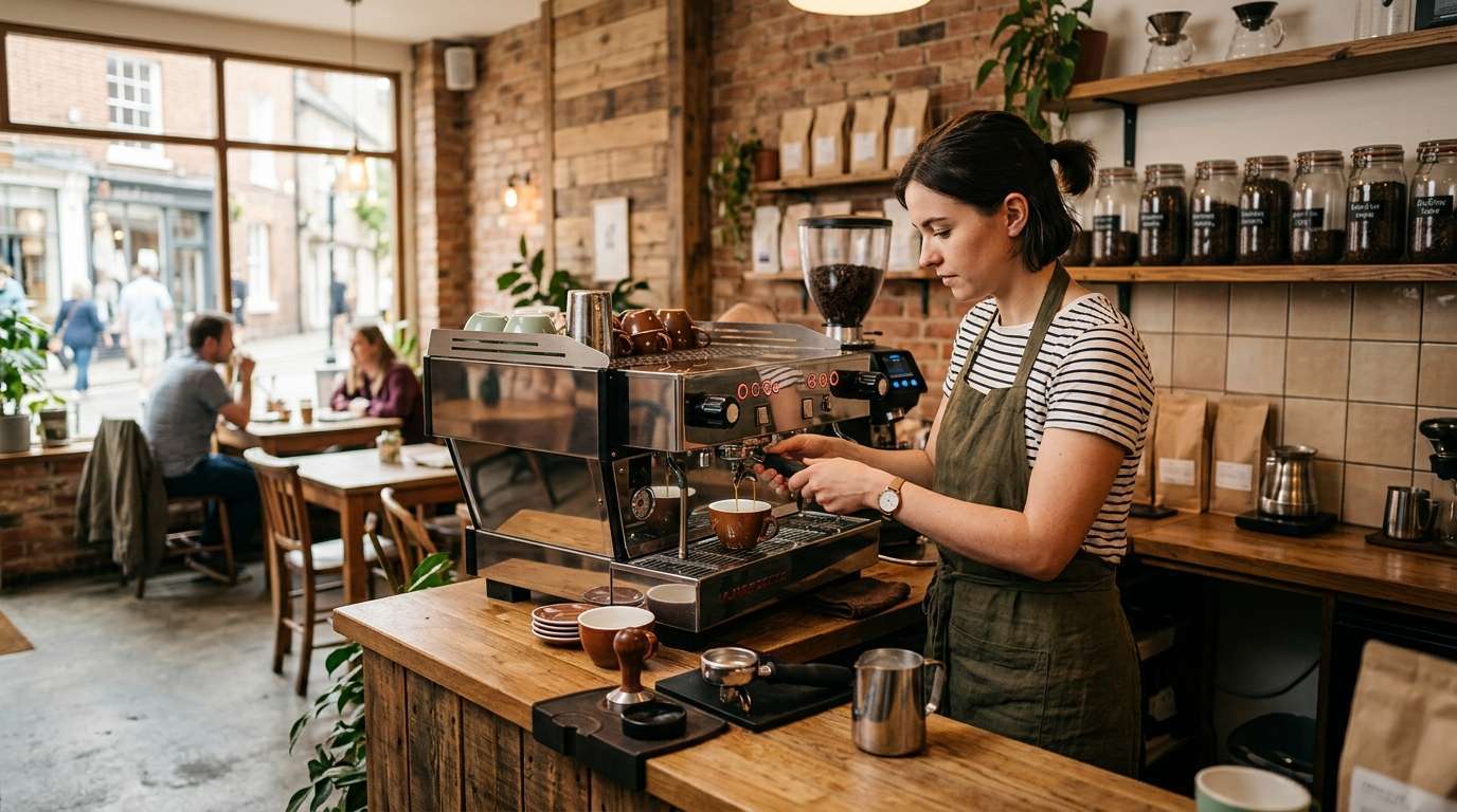 Barista preparing espresso in a warm inviting coffee shop interior