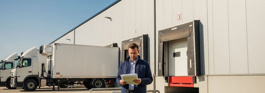 Cold storage facility loading dock with refrigerated trucks and professional reviewing documents