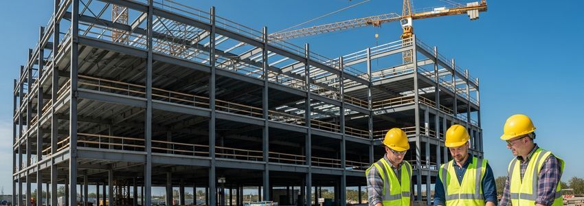 Commercial construction building under development with contractor reviewing blueprints at the site