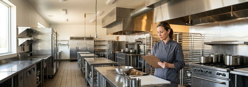 Small business owner in a commercial kitchen incubator reviewing a clipboard near stainless steel prep stations