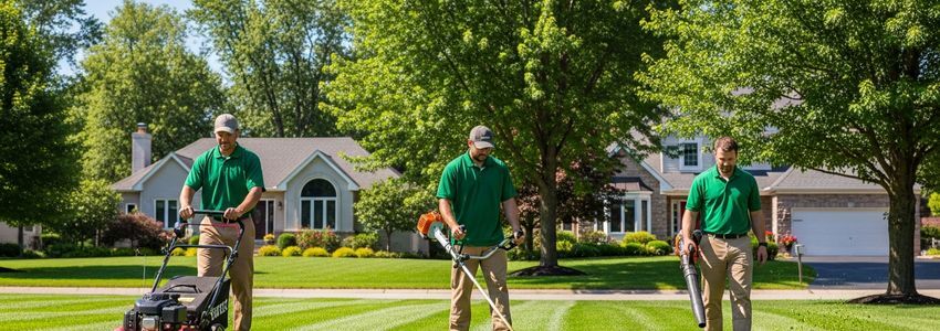 Professional landscaping crew mowing a large green lawn with commercial equipment
