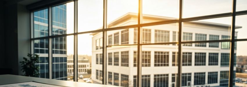 Commercial real estate refinancing professionals reviewing property loan documents in a modern office