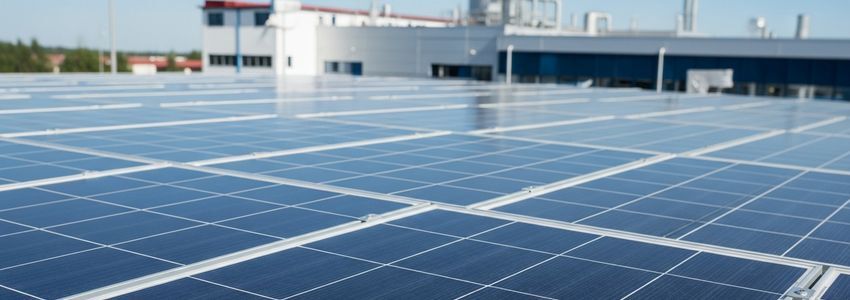 Close-up of commercial solar panels installed on an industrial building rooftop in bright sunlight