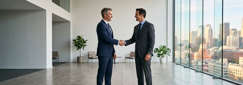 Two business professionals shaking hands to finalize a competitor acquisition deal