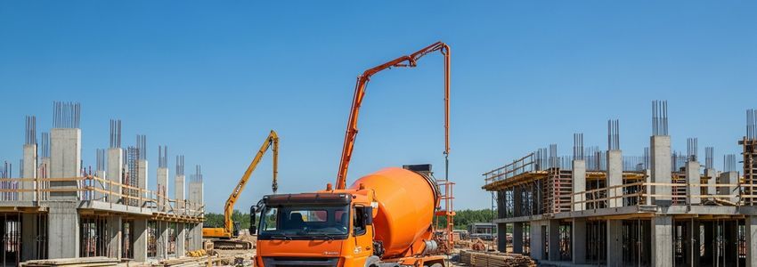 Orange concrete mixer truck at an active construction site