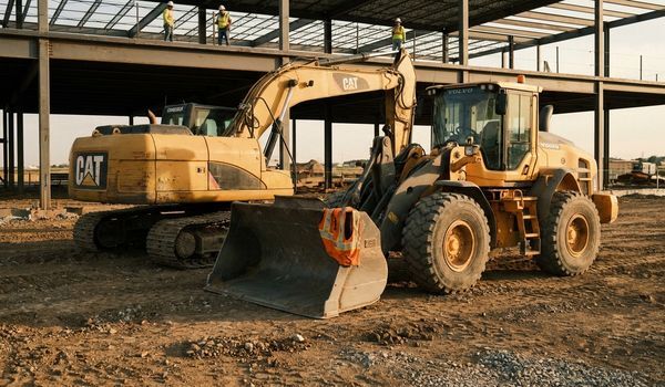 Excavator and wheel loader at a commercial construction site, illustrating 2026 construction equipment financing statistics and trends