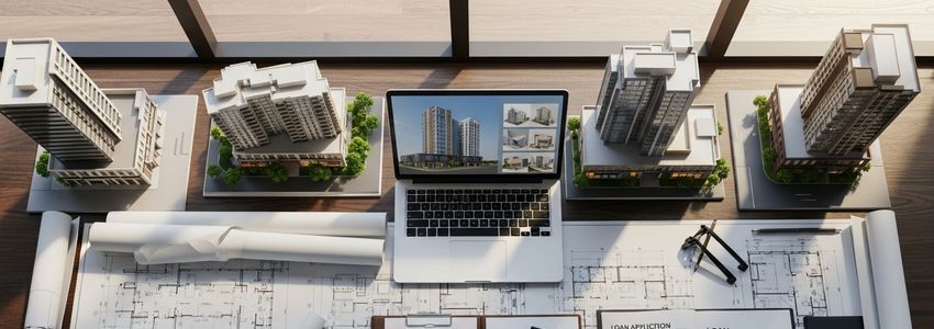 Construction financing blueprints and loan documents on architect desk