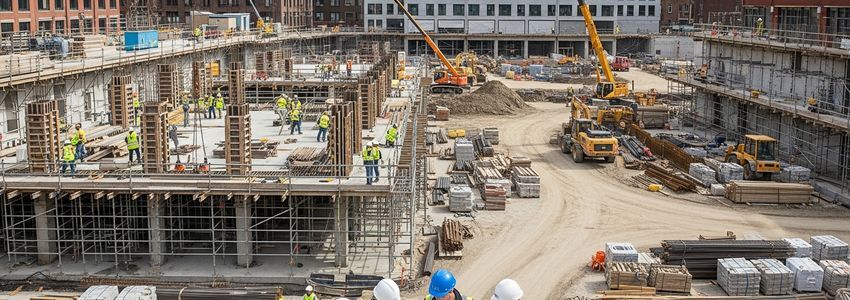 Contractors reviewing plans at commercial construction site
