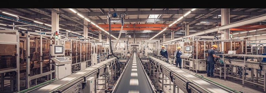 Industrial conveyor belt system in modern manufacturing facility