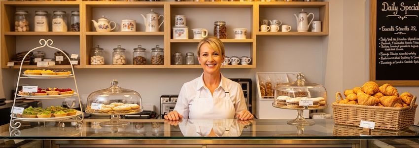 Cookie shop owner standing behind display case of cookies and pastries