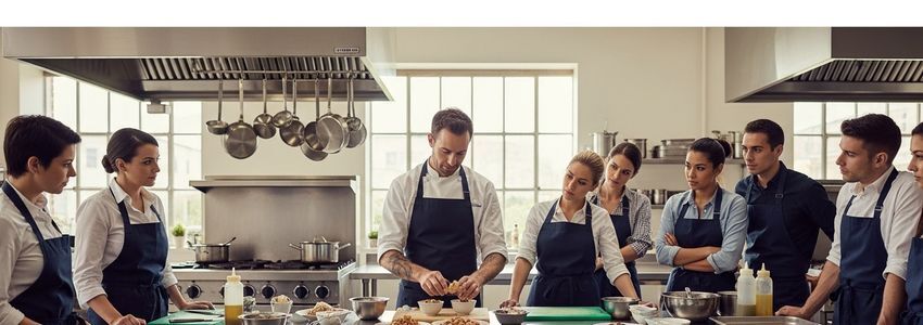 Chef instructor teaching cooking class students in professional culinary studio