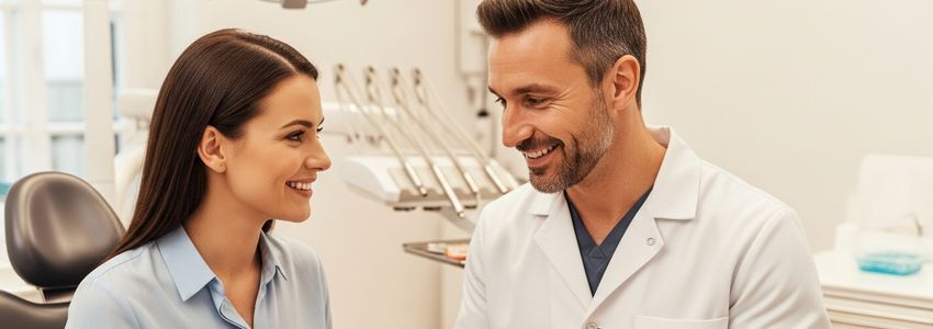 Cosmetic dentist consulting with patient about smile design and dental practice financing
